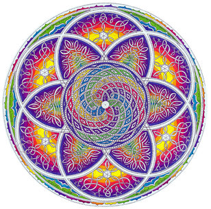 Buntes Mandala mit Blume des Lebens und spiralförmigen Zentrum