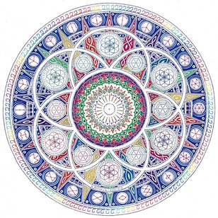 Buntes Mandala mit Blume des Lebens und 22 Stern