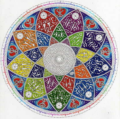 Neunblättriges Blumen Mandala mit Runen Partnerstellungen