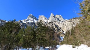 Wilde Felszacken über winterlichem Bergwald