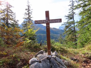 Kleines Holzkreuz auf Steinhaufen mit der Inschrift des Bergnamens Schappachriedel