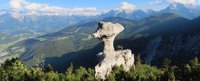 Pilzförmiger Felsen in waldreicher Bergwelt
