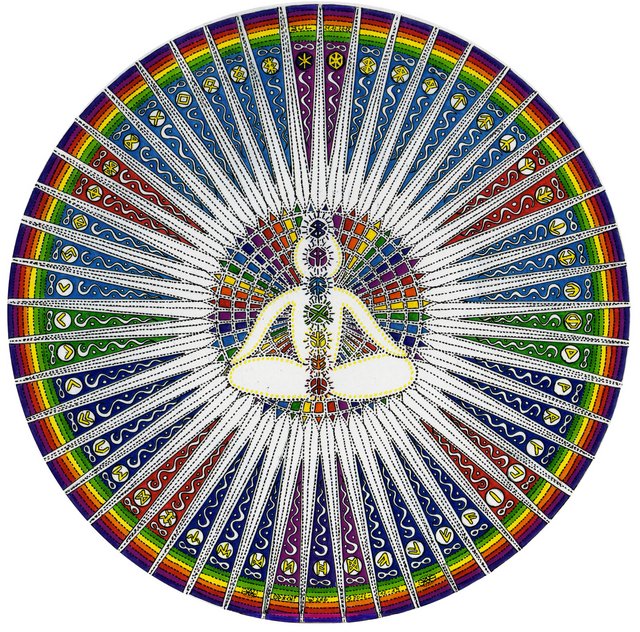 Buddha mit Runen Chakren und Strahlen