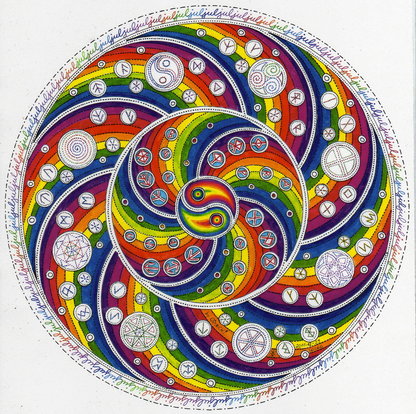 In sich drehendes Mandala mit Yin und Yang und Runen