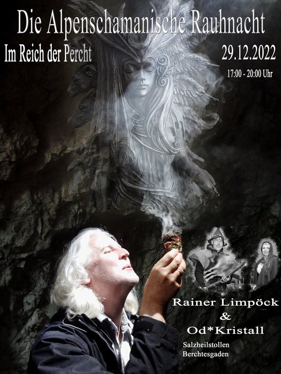 Mystisches Bild als Plakat mit weißhaarigen Mann der räuchert und im Rauch eine Naturgöttin erscheint, nebendran ein mystisch anmutendes Musikerpaar
