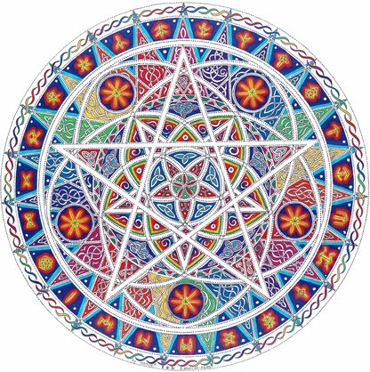 Buntes, regenbogenfarbenes Mandala mit Pentagramm, Venusblume und 23 Stern, sowie symetrischen Runen