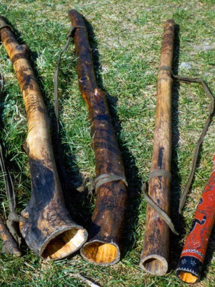 Diverse selbstgebaute Didgeridoos aus heimischen Hölzern