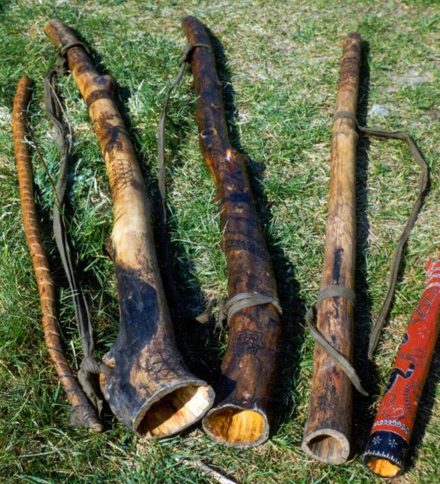 Diverse selbstgebaute Didgeridoos aus heimischen Hölzern