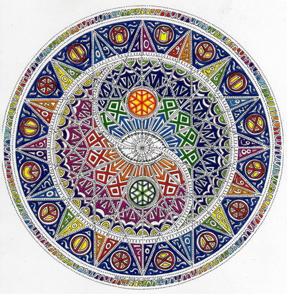 Yin und Yang Mandala mit zentralem Auge und Runenstrukturen