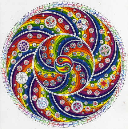 In sich drehendes Mandala mit Yin und Yang und Runen