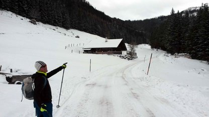 Skifahrer kurz vor einer winterlichen Almhütte