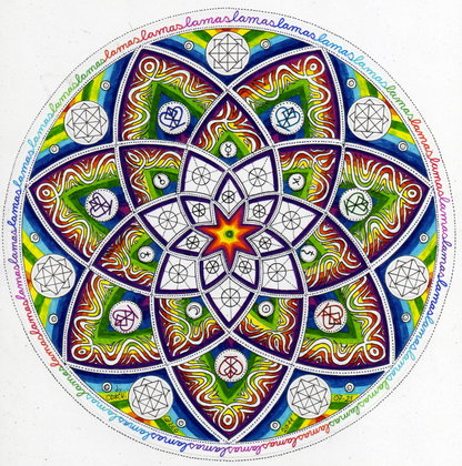 Siebenfältiges Blumen Mandala mit Runen und astrologischen Symbolen